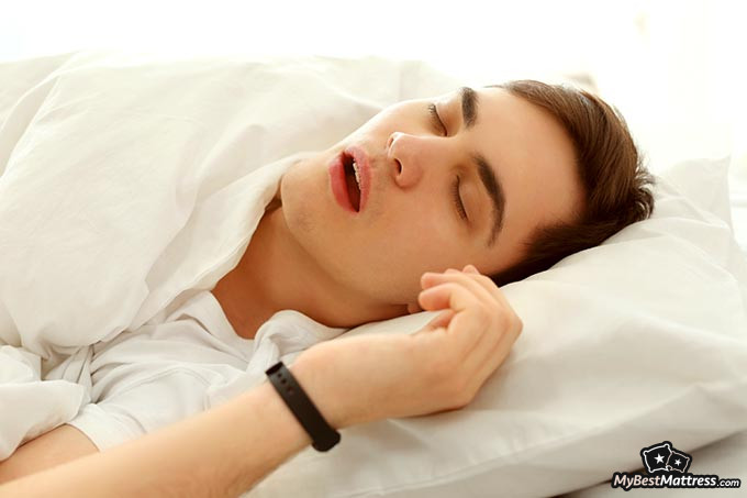 Anti-snoring devices: a man who's rather obviously snoring.