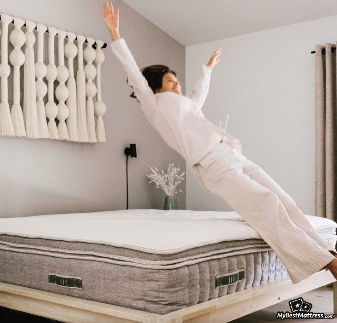 Brentwood Home mattress reviews: a person is falling on the Cedar mattress Brentwood Home mattress reviews: a person is falling on the Cedar mattress