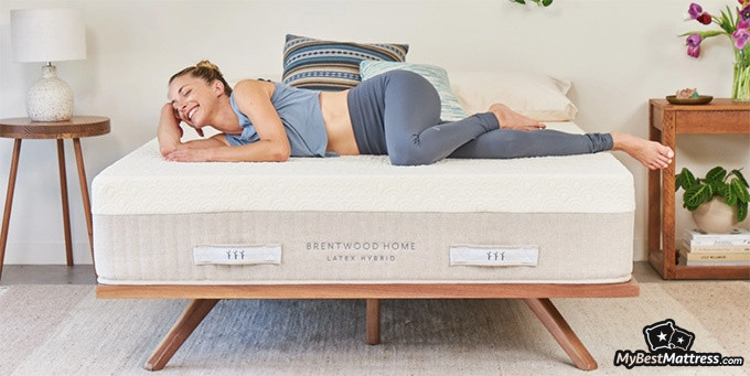 Brentwood Home mattress reviews: a woman is resting on the Hybrid Latex mattress Brentwood Home mattress reviews: a woman is resting on the Hybrid Latex mattress