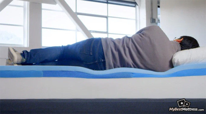 Casper Element Review: man lying on the mattress layers. Casper Element Review: man lying on the mattress layers.