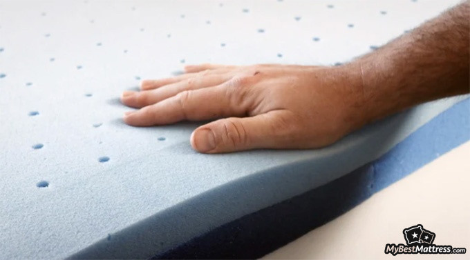 Casper Element Review: man touching the mattress layers. Casper Element Review: man touching the mattress layers.