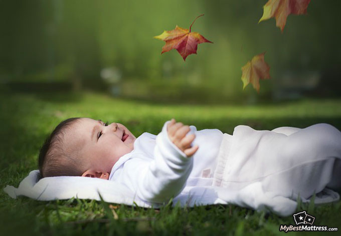 Do babies dream: baby laying on grass with leaves. Do babies dream: baby laying on grass with leaves.