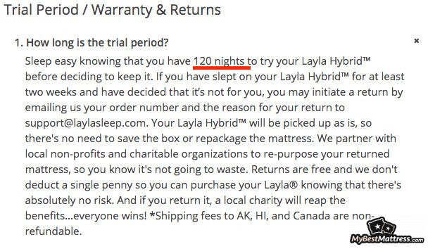 Layla mattress reviews: trial and warranty.