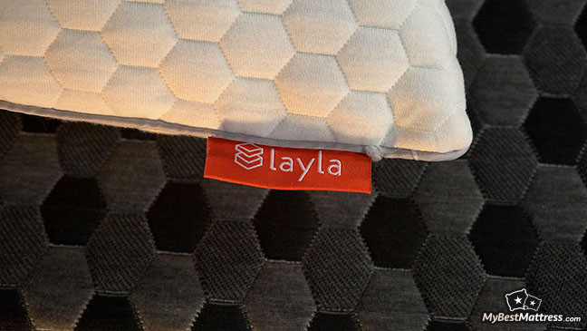 Layla Pillow Review: pillow side logo. Layla Pillow Review: pillow side logo.