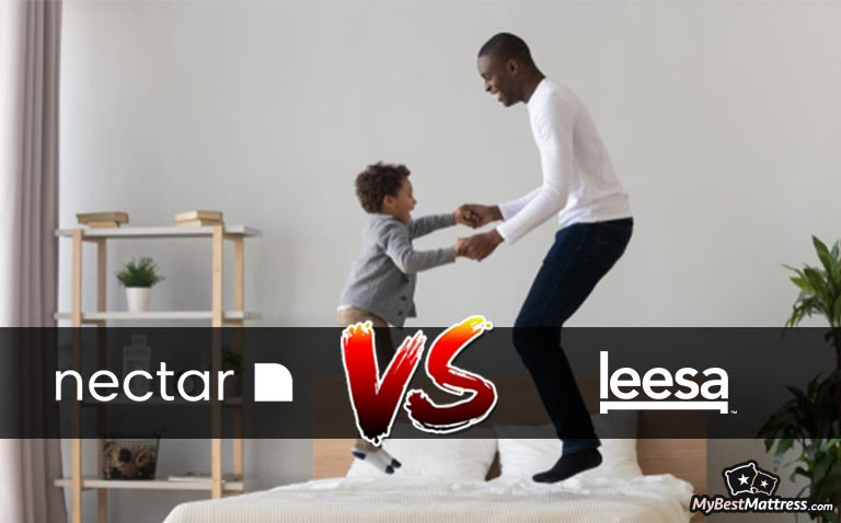 Nectar VS Leesa: a man and a boy jumping on a bed. Nectar VS Leesa: a man and a boy jumping on a bed.