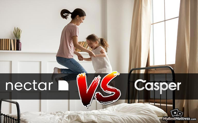 Nectar VS Casper: a woman and a child jumping on the bed. Nectar VS Casper: a woman and a child jumping on the bed.