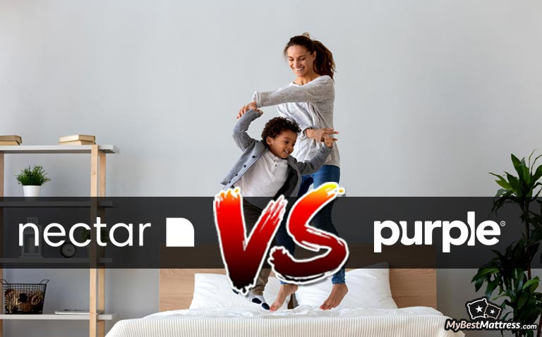 Nectar VS Purple: a woman and a child jumping on a bed. Nectar VS Purple: a woman and a child jumping on a bed.