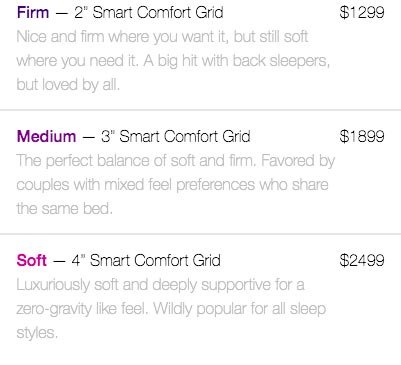Purple mattress review: the firmness options of Purple.