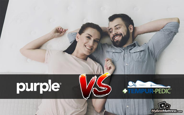 Purple mattress VS TempurPedic: a woman and a man lying on a bed. Purple mattress VS TempurPedic: a woman and a man lying on a bed.